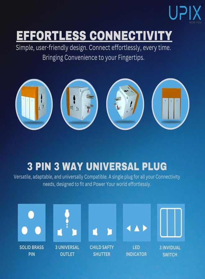 Upix 3 Pin Multi Plug Socket | Type D | Universal Travel Adapter with Individual Switch, Safety Shutter & LED Indicator | 3 Way Universal Plug Extension for Home, Office & Travel | 5A 250V - Image 5
